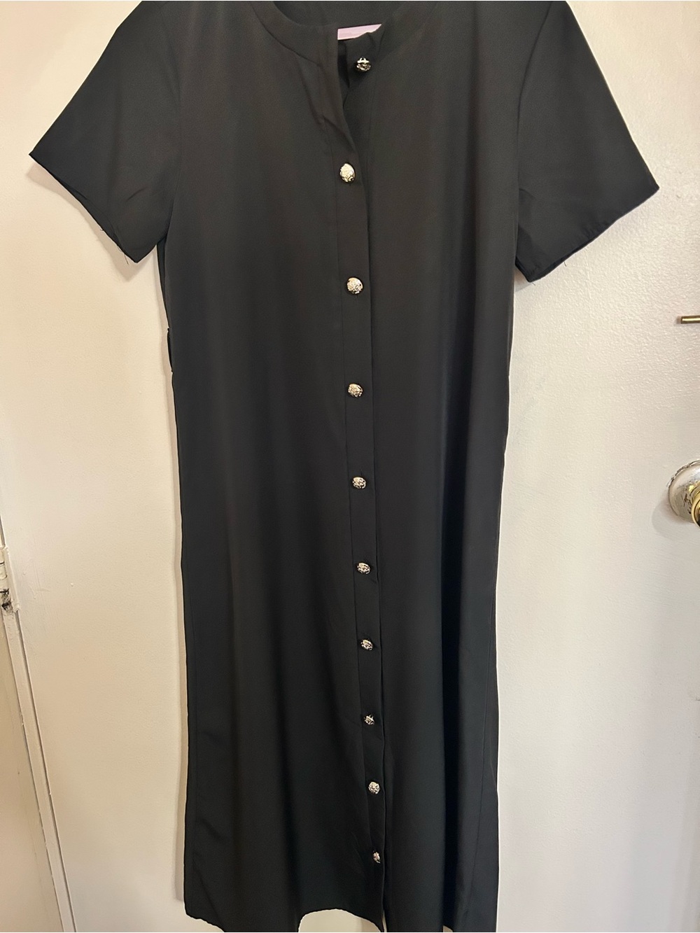 Black Button-Front Short Sleeve Midi Dress